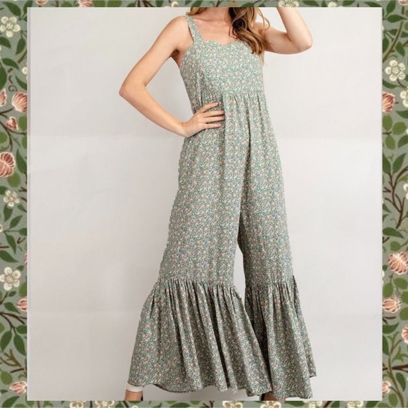 EASEL Smocked Sleeveless Lightweight Ultra Wide Leg Ruffled Hem Jumpsuit Romper - Picture 7 of 14